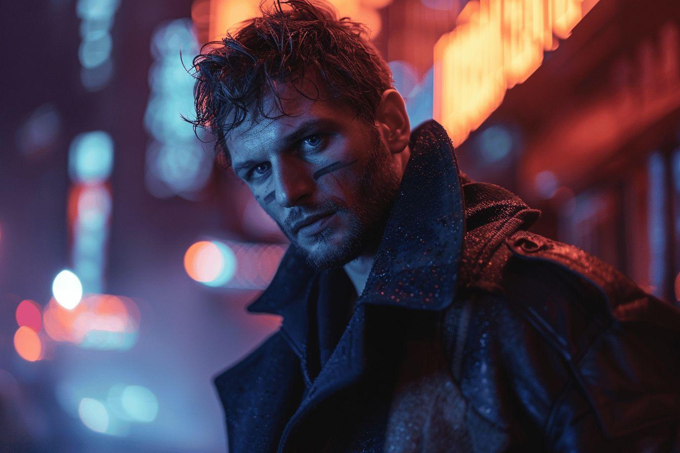 Homme mystérieux dans un manteau sombre, lumières de ville