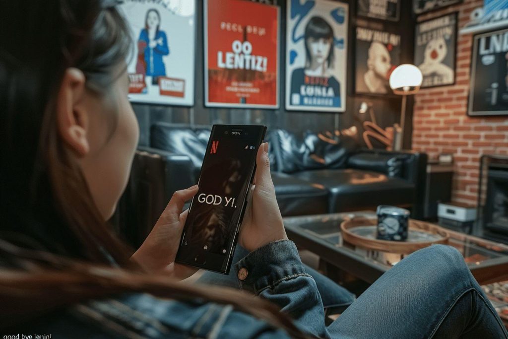 Personne regardant Netflix sur smartphone dans un intérieur vintage