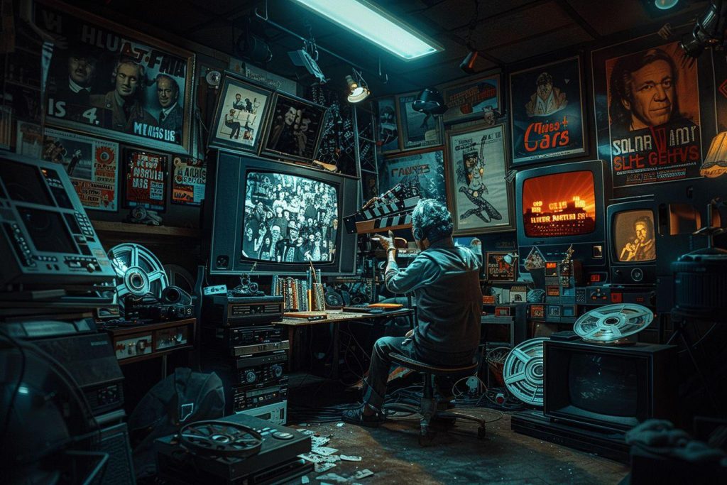 Espace rétro encombré avec écrans et bobines de films