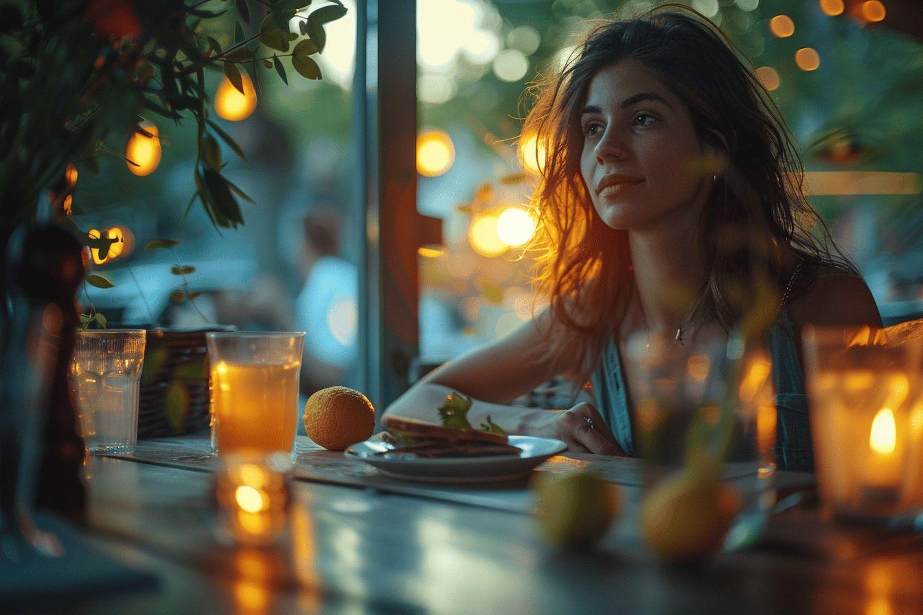 Femme pensive à table, lumières douces, oranges et bougies