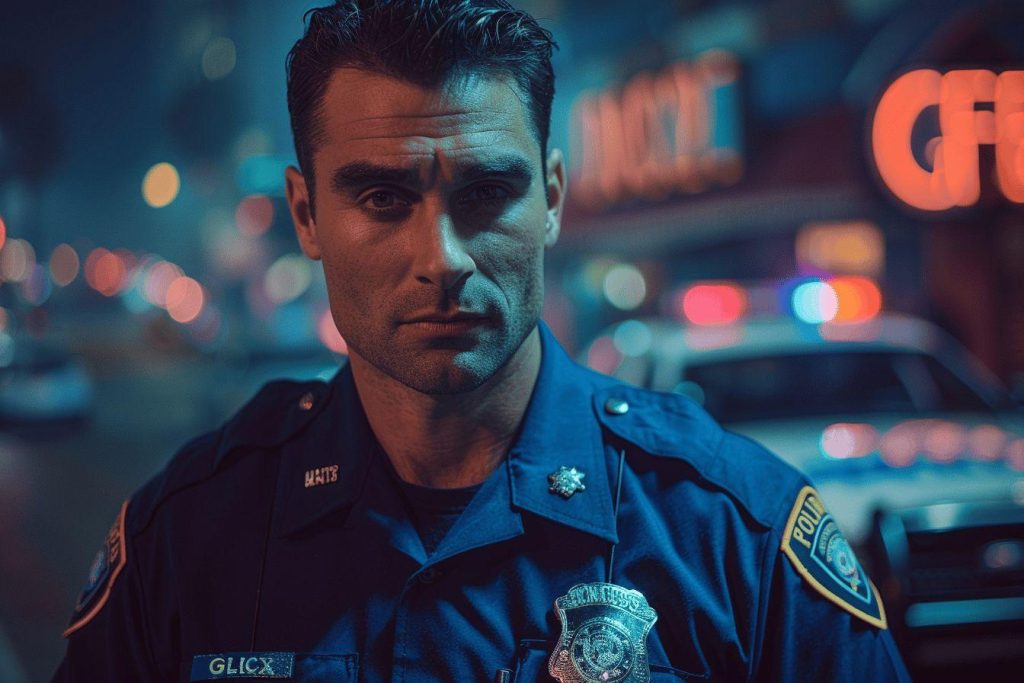 Un officier de police se tenant dans une rue sombre avec des lumières colorées à l'arrière-plan.