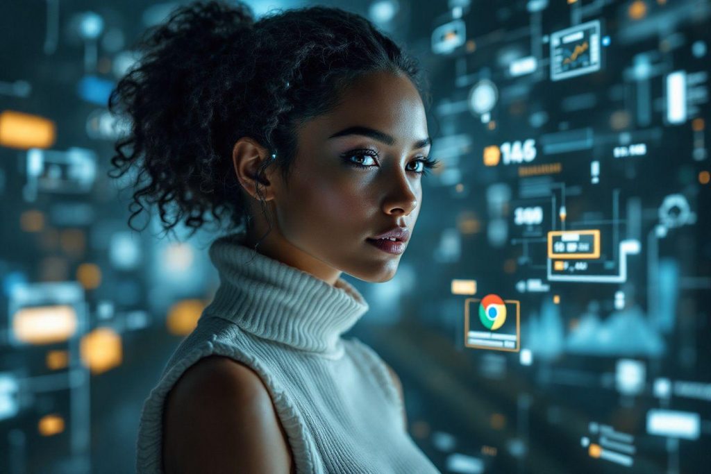 Portrait de femme aux cheveux bouclés sombres dans un environnement numérique