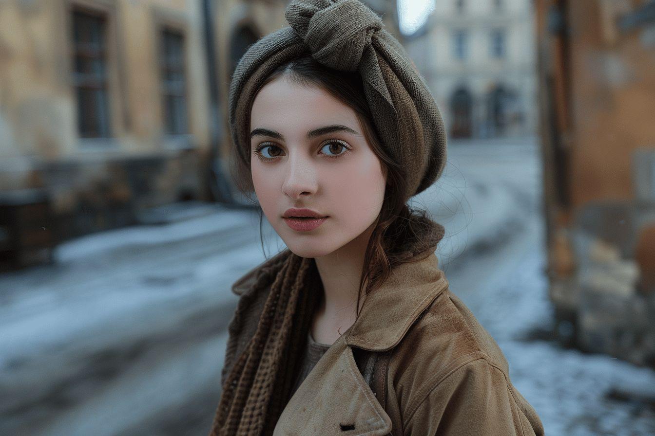 Jeune femme avec un turban dans une rue enneigée