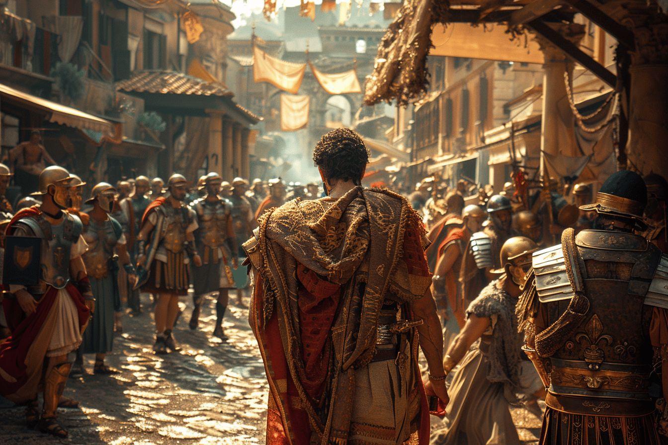 Une procession de personnages vêtus de costumes anciens dans une rue animée