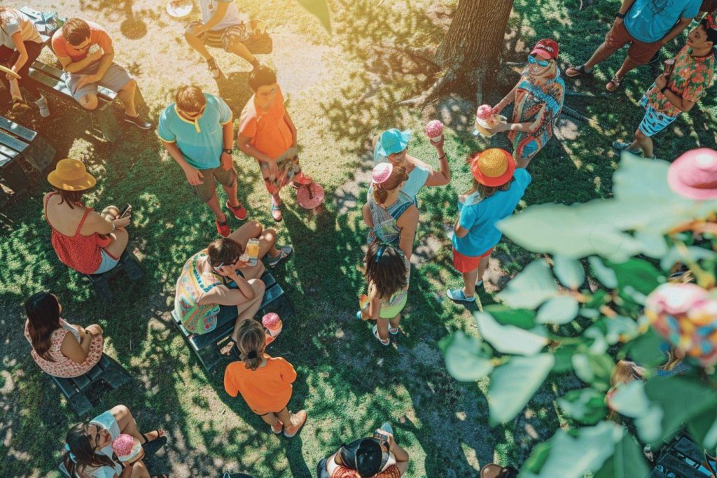 Groupe diversifié dans un parc verdoyant avec chapeau et glaces