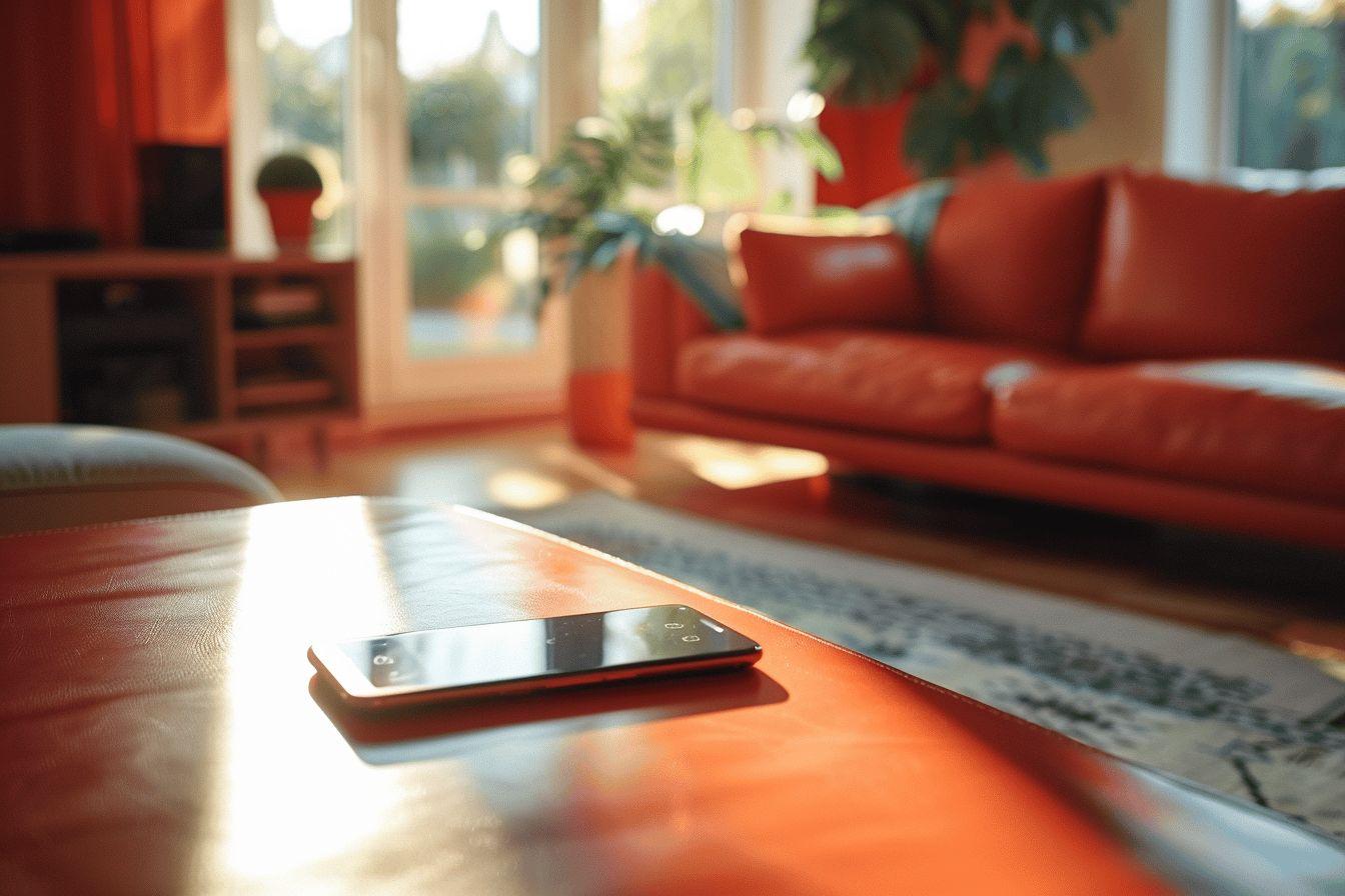 Smartphone sur une table basse dans un salon confortable.