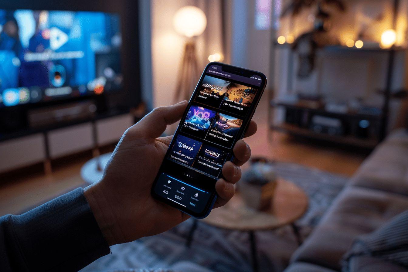 Une main tenant un smartphone affichant une interface de streaming multimédia.