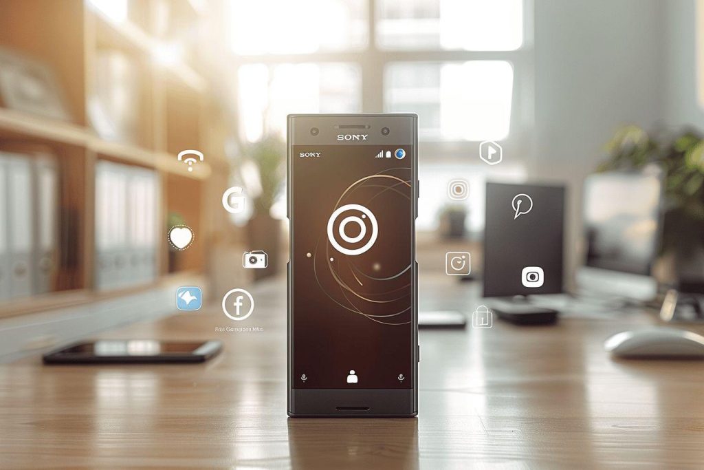 Image d'un smartphone Sony avec des icônes d'applications sur l'écran.