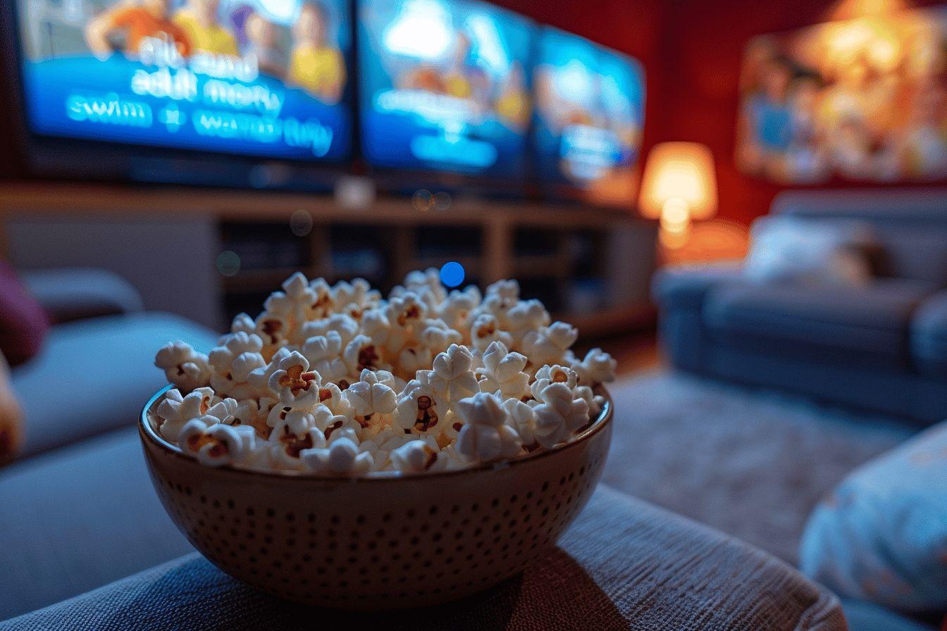 Bol rempli de pop-corn, écrans de télévision en arrière-plan