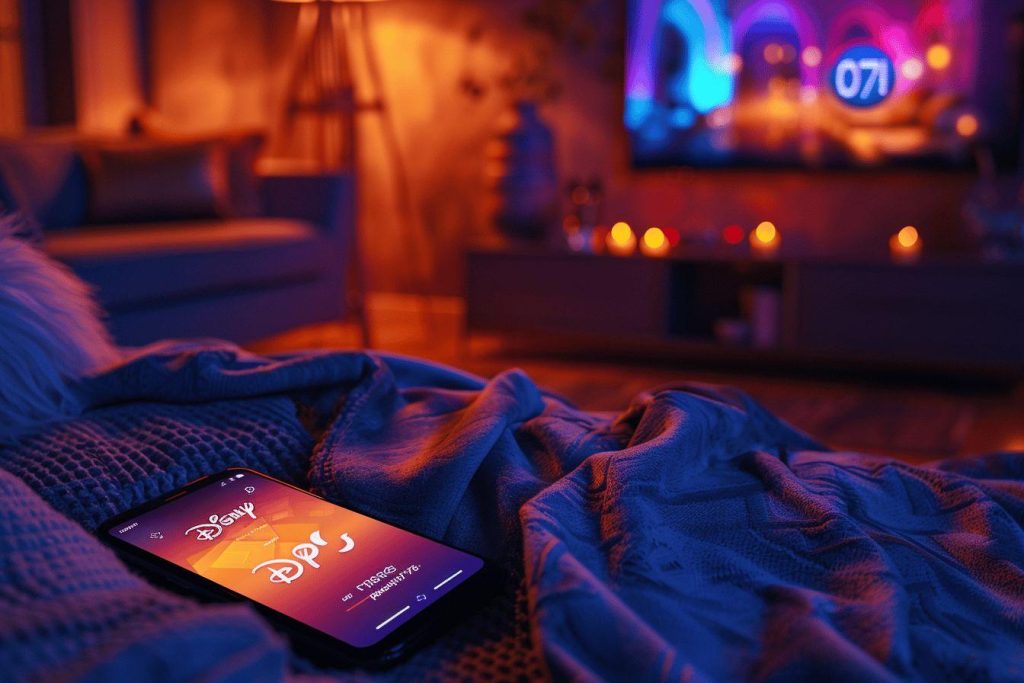 Smartphone sur un canapé confortable dans une pièce sombre et colorée