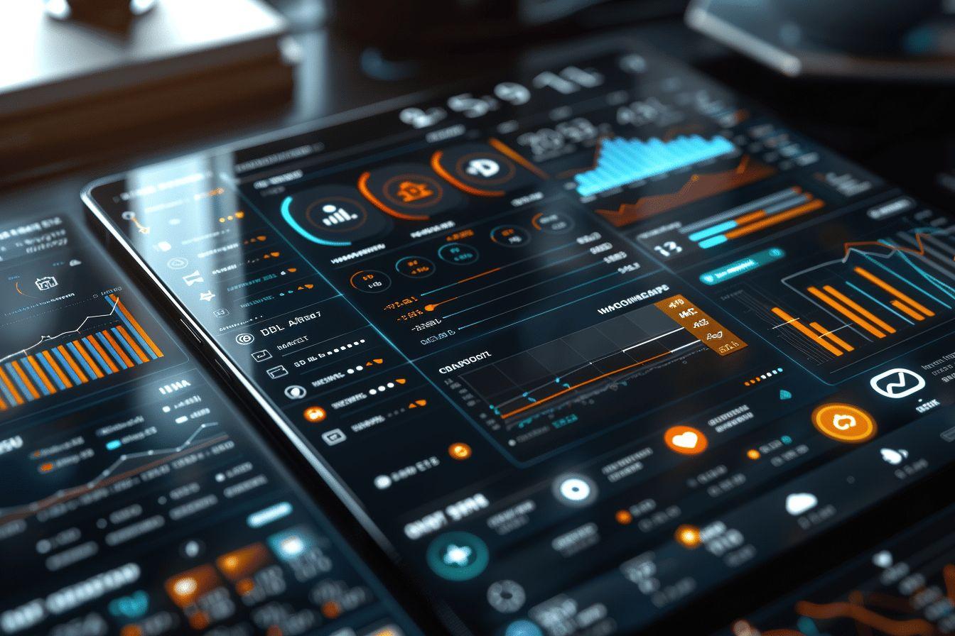 Interface logicielle complexe avec graphiques et indicateurs de performance