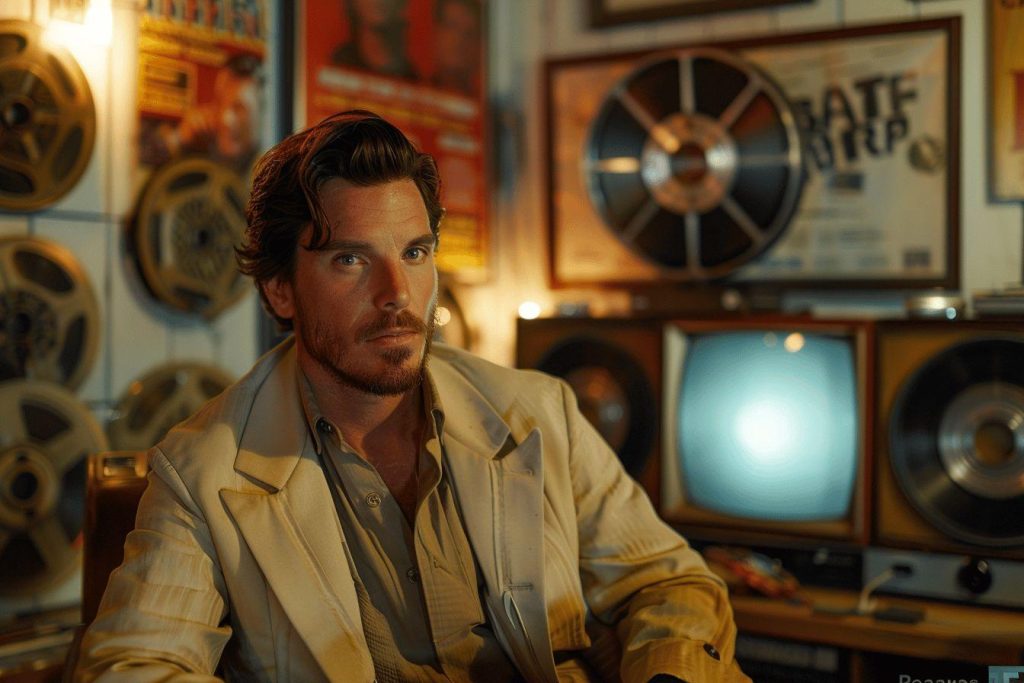 Homme dans un studio rétro avec des bobines de film