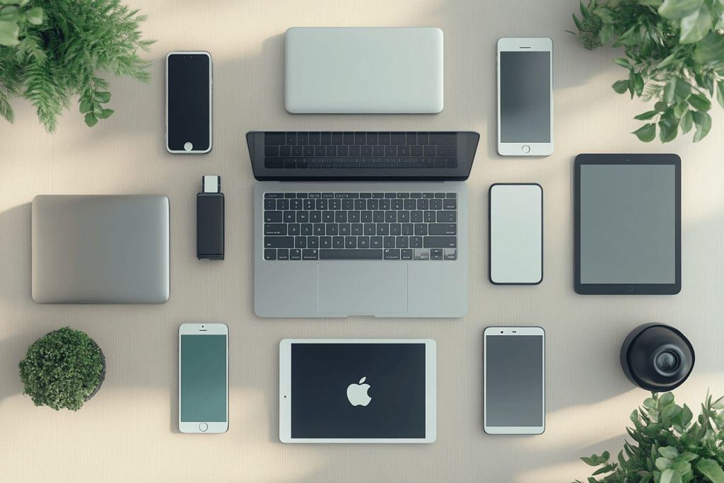 Ordinateur portable, tablettes, smartphones et plantes sur fond neutre