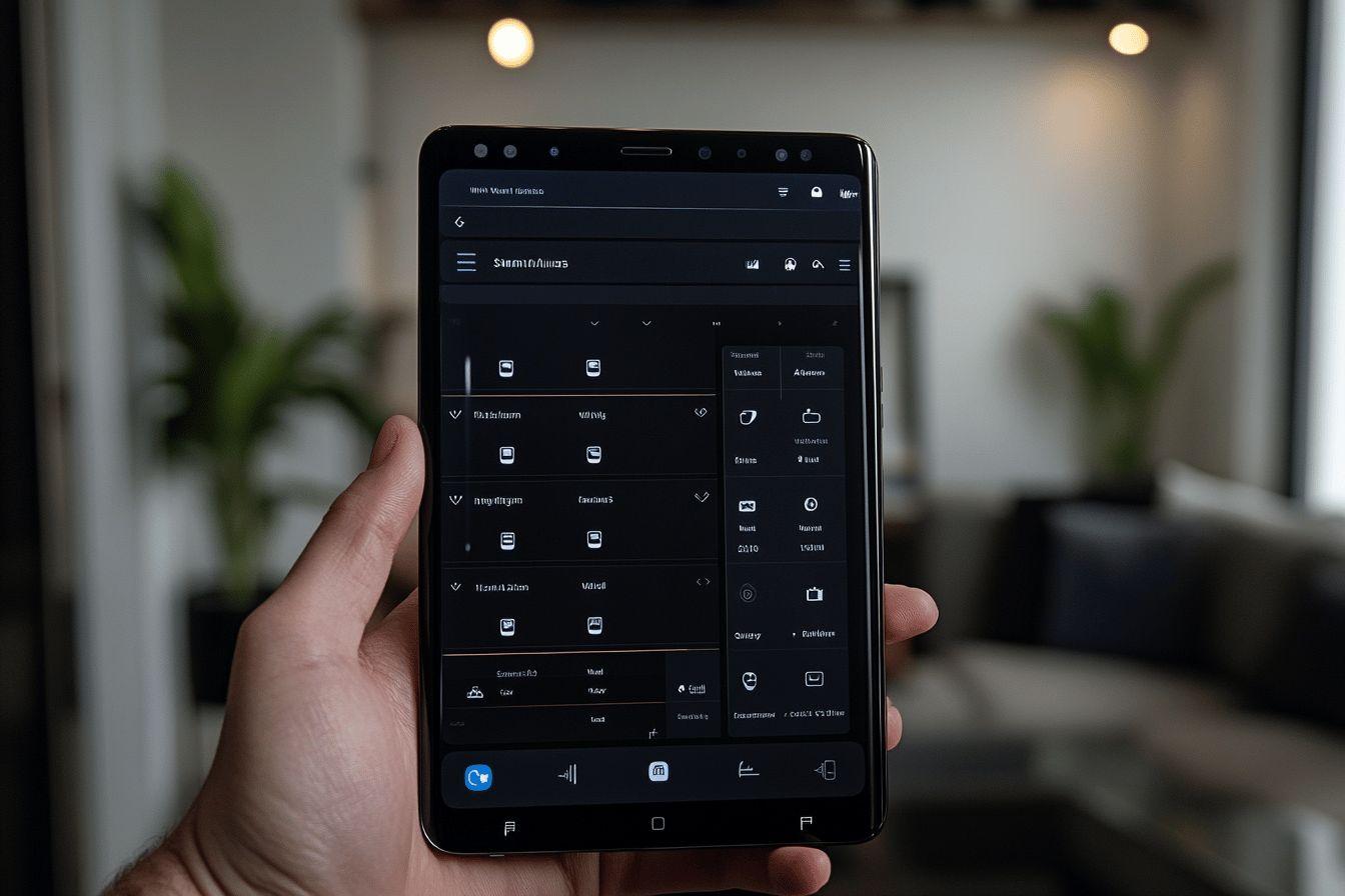 Écran de téléphone avec interface utilisateur foncée et application