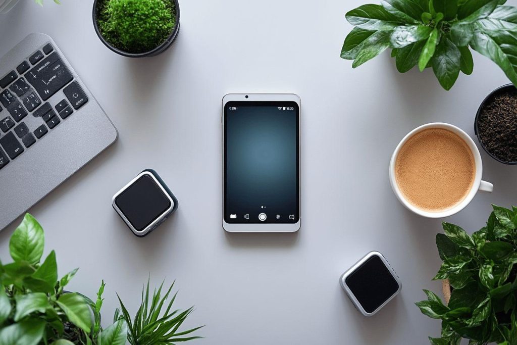 Smartphone, ordinateur portable, plantes vertes et tasse à café sur fond blanc