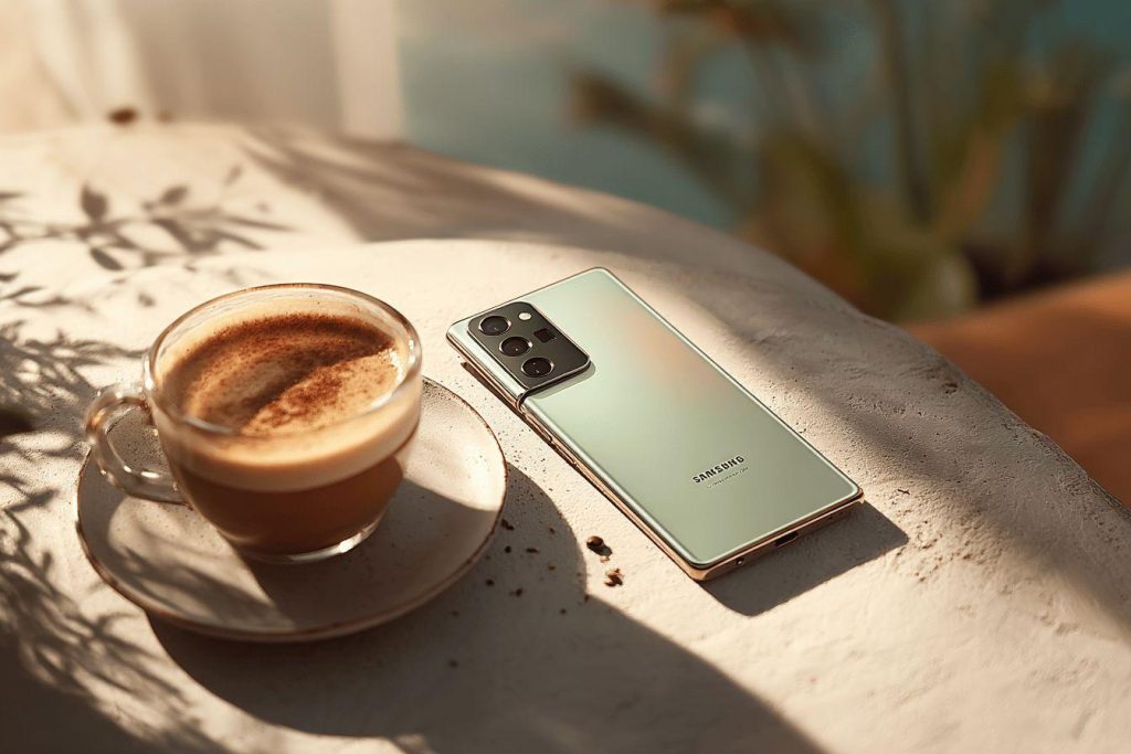 Tasse de café à côté d'un smartphone Samsung sur une surface texturée