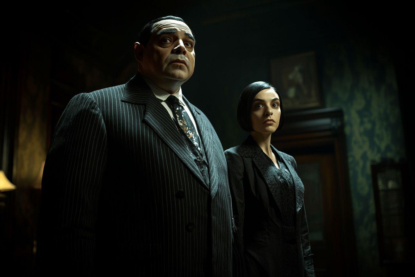 Homme et femme en costume sombre dans une pièce sombre