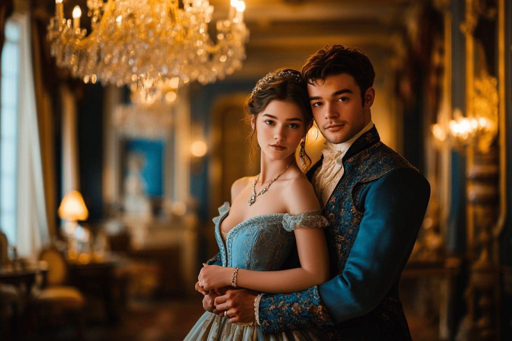 Couple de l'époque en tenue de bal, dans un intérieur somptueux
