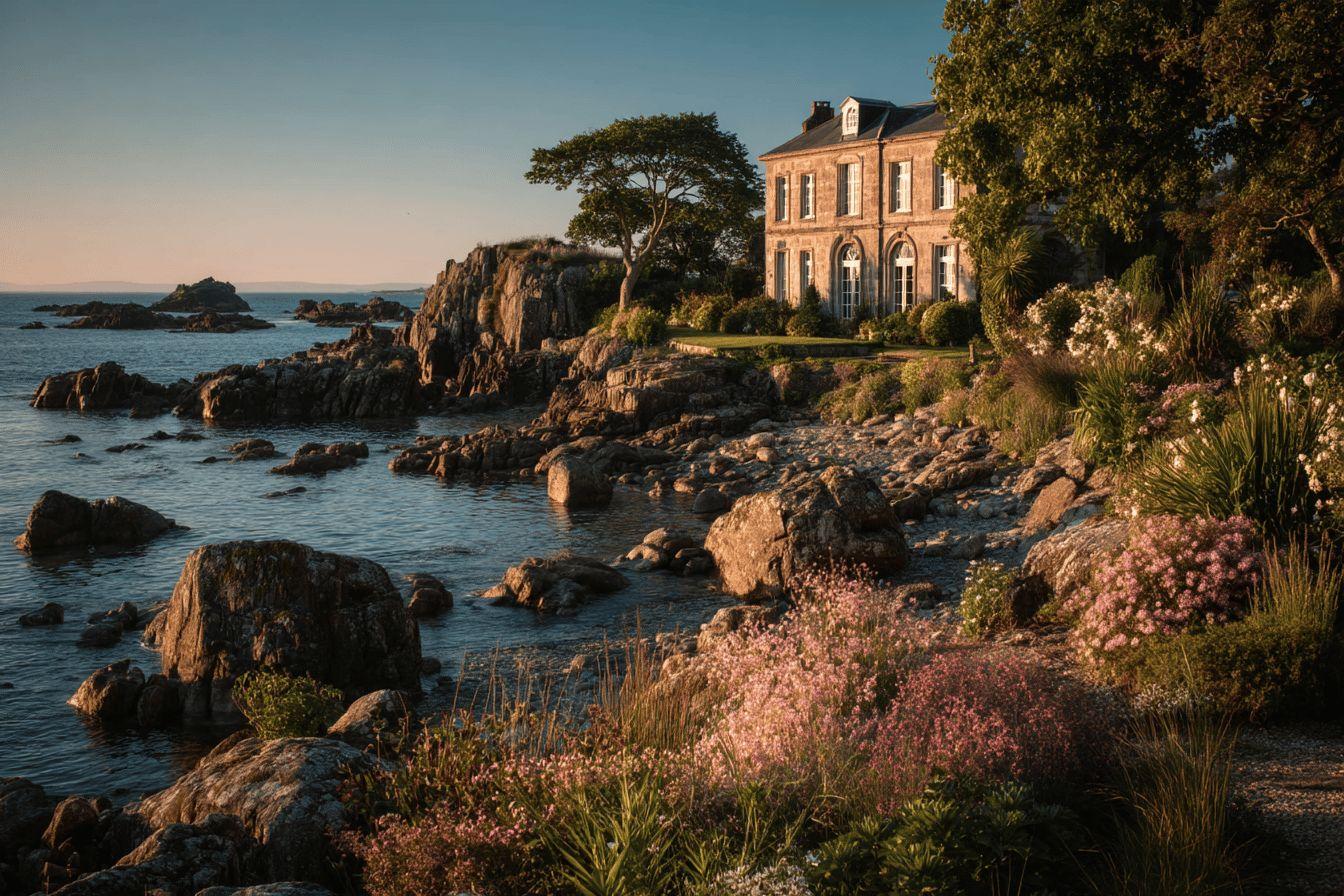Maison en pierre près d'une côte rocheuse fleurie