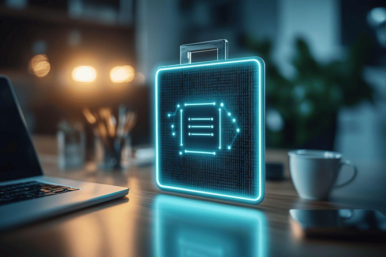 Hologramme de document technologique bleu sur un bureau moderne