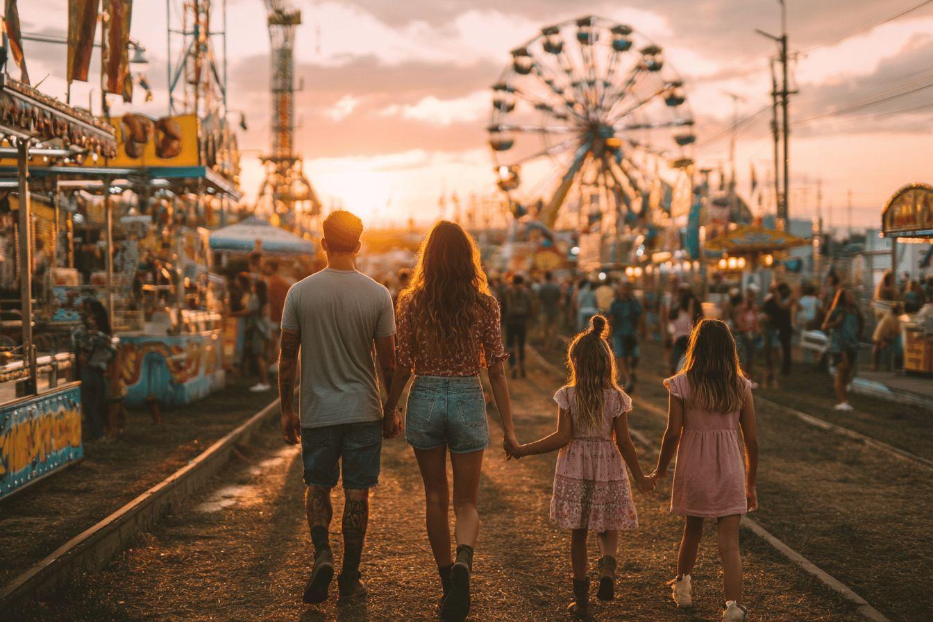 Quatre personnes marchant dans une fête foraine au coucher du soleil