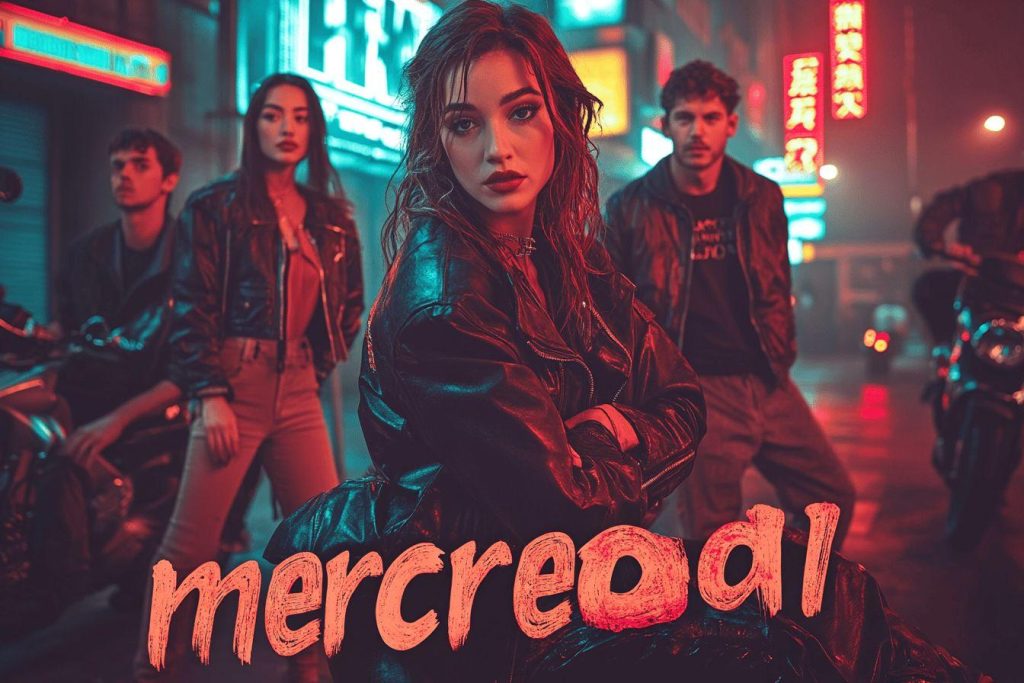 Jeunes en cuir dans une rue nocturne aux couleurs intenses