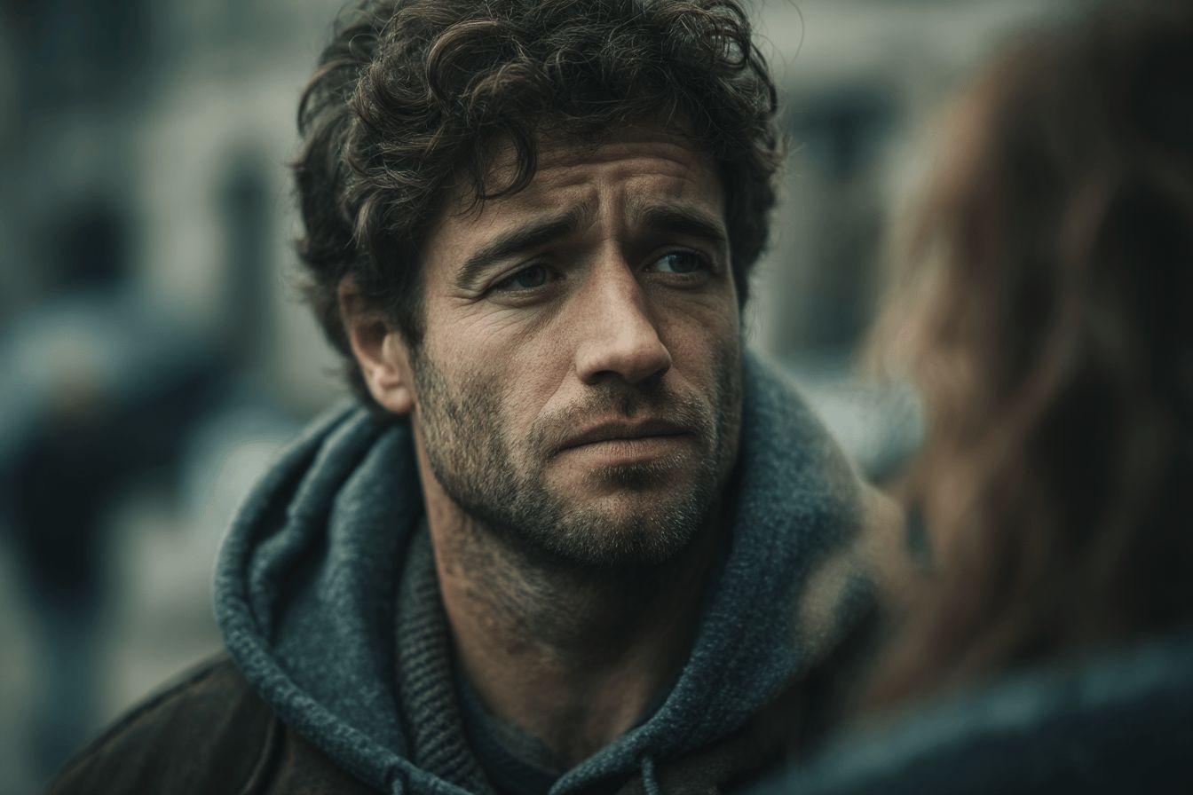 Portrait d'un homme aux cheveux bouclés dans un sweat à capuche