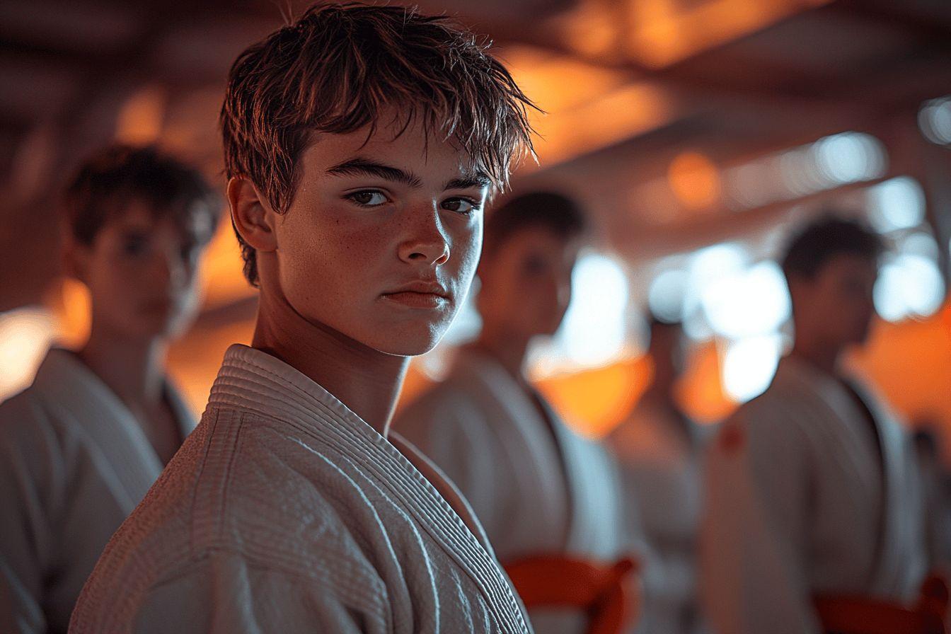 Adolescent en kimono blanc, regard intense, environnement d'entraînement