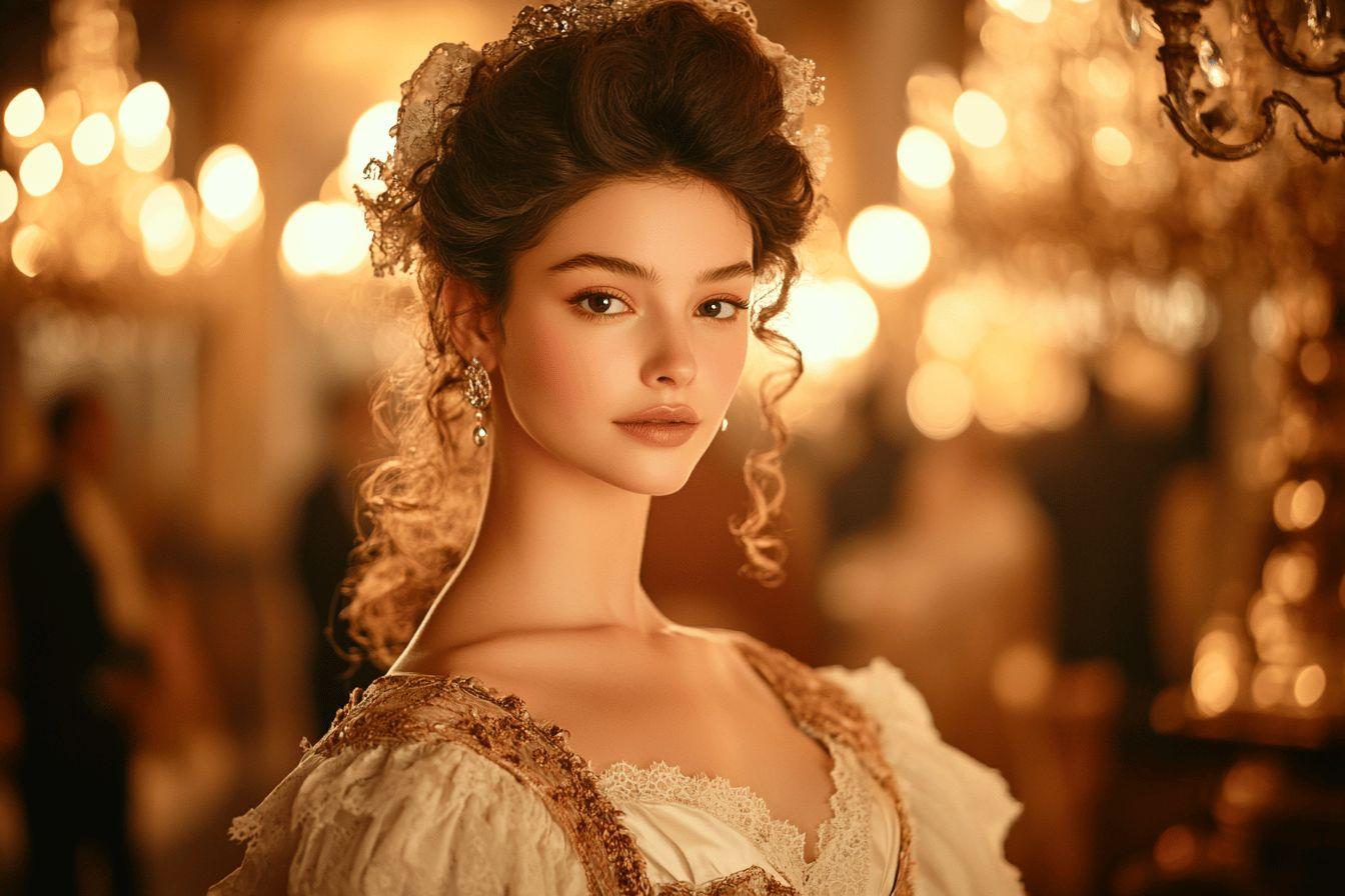 Femme en robe vintage, éclairée par des chandelles dorées