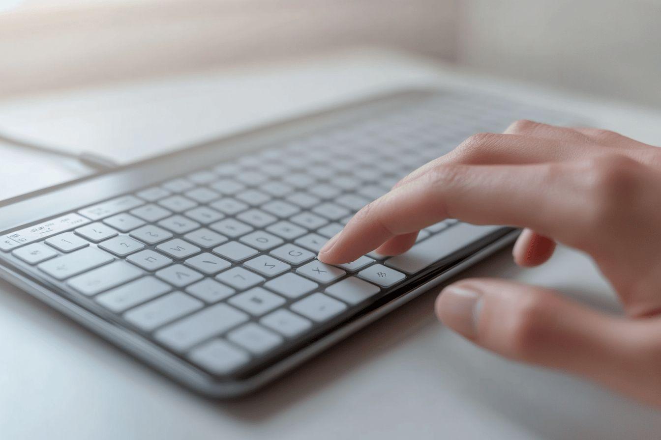 Gros plan sur une main tapant sur un clavier blanc moderne