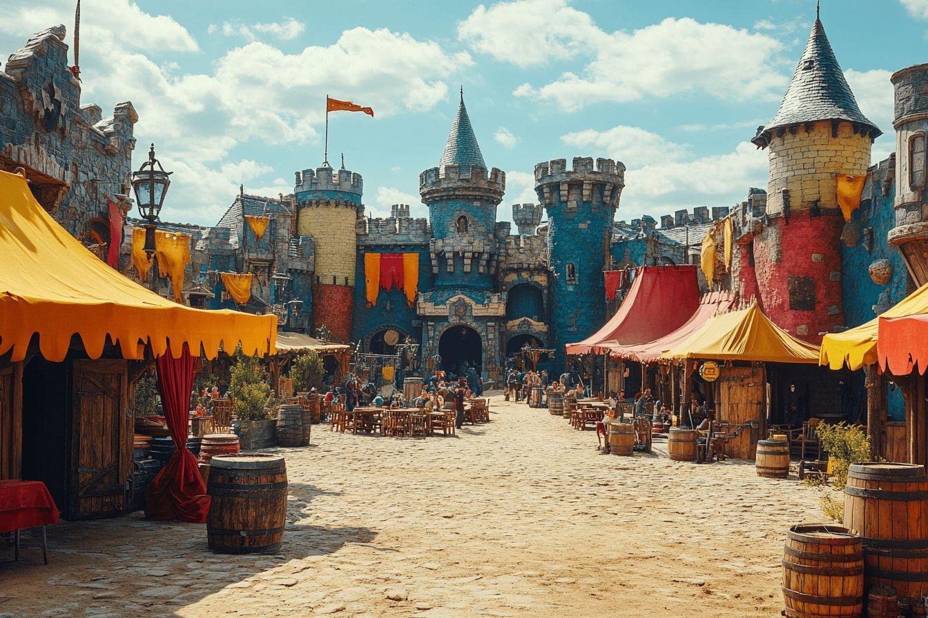 Place animée avec tentes et forteresse médiévale colorée