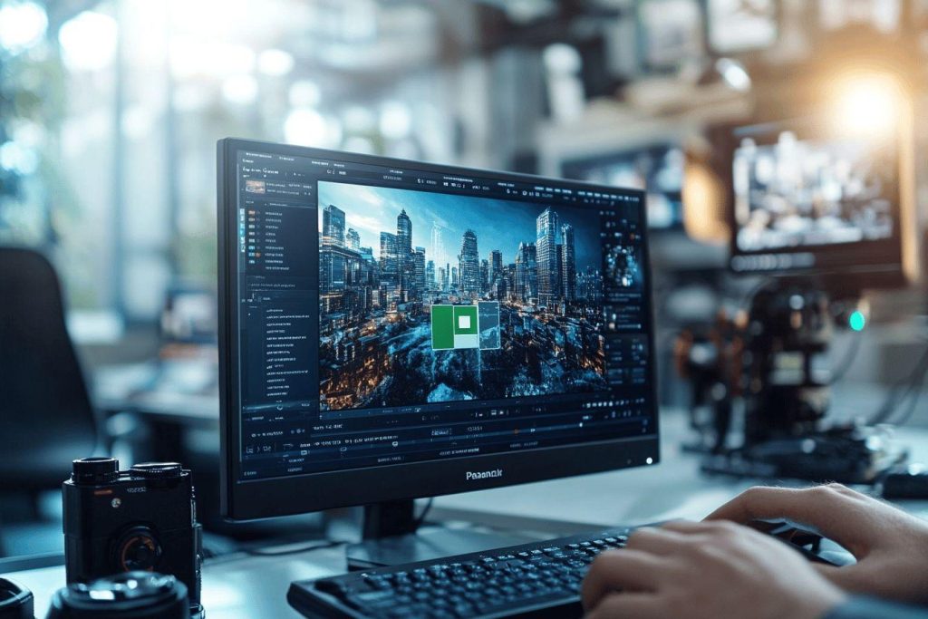 Écran d'ordinateur montrant un panorama urbain high-tech de nuit