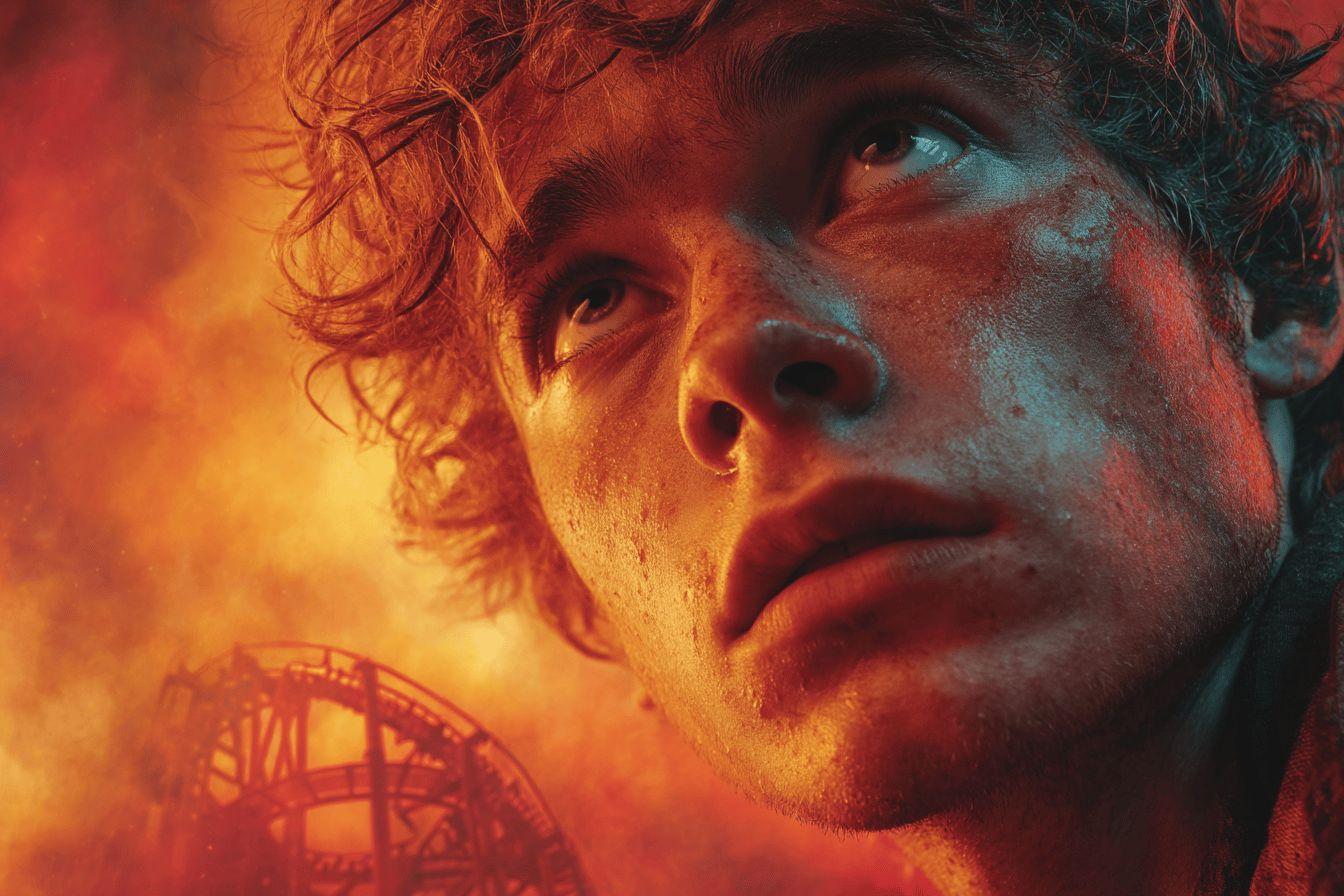 Visage en gros plan, lumière rouge et bleue, expression tourmentée