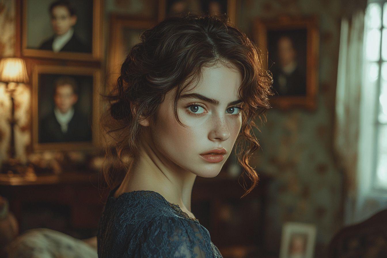 Jeune femme aux cheveux bouclés devant des portraits anciens