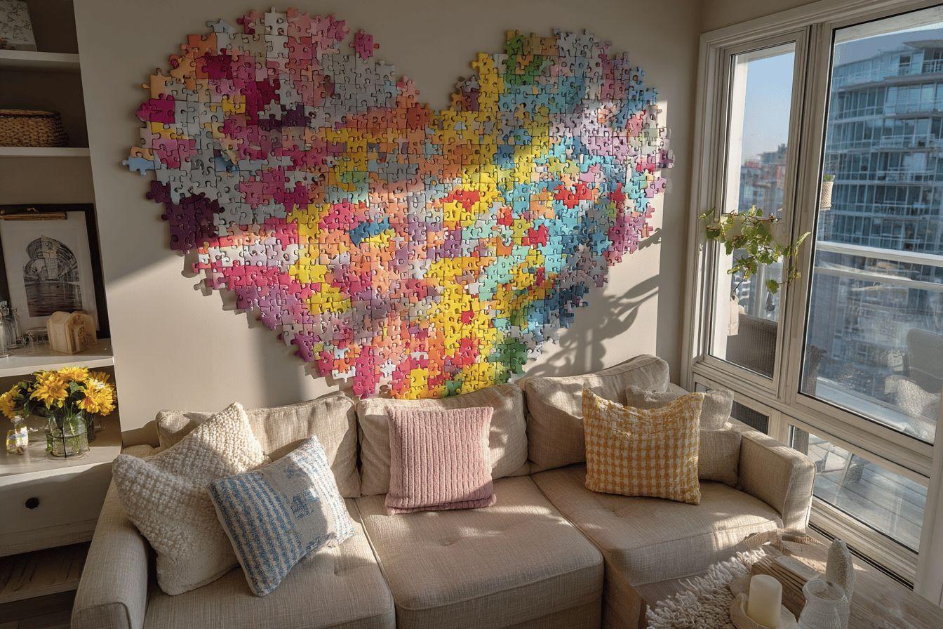Mur décoré d'un puzzle multicolore en forme de cœur