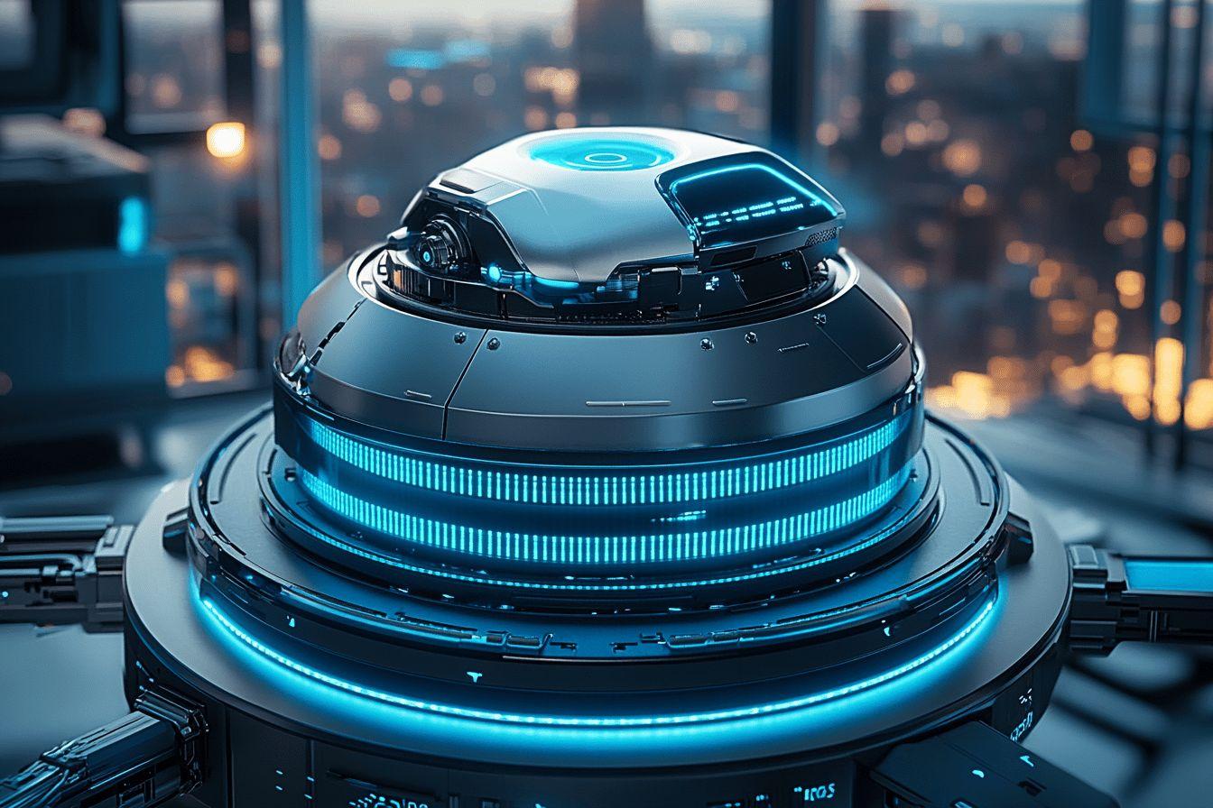 Dispositif robotique high-tech avec éclairage bleu dans un environnement urbain