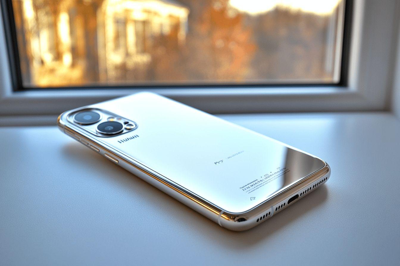 Téléphone moderne argenté avec double caméra près d'une fenêtre
