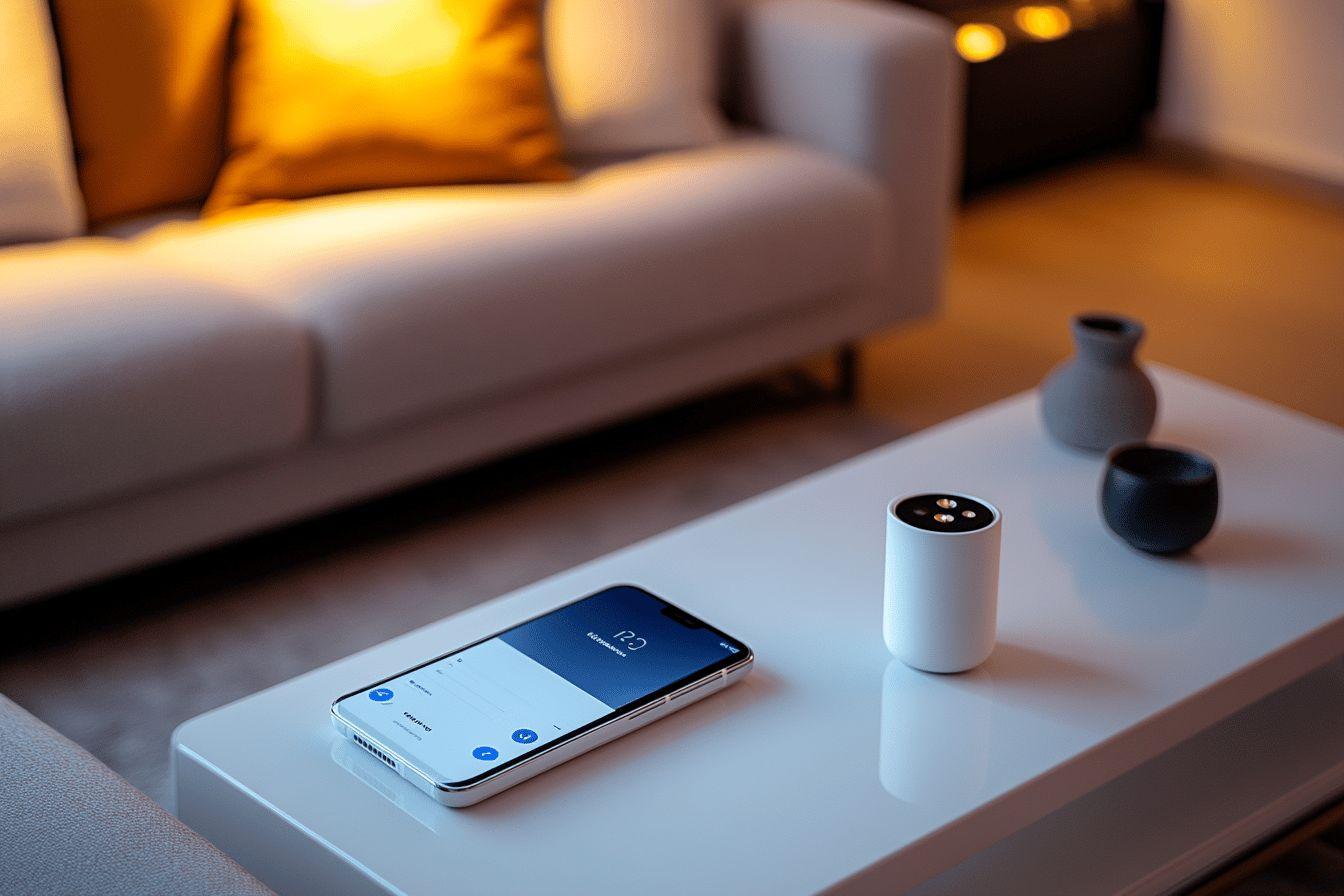 Téléphone moderne et décor épuré sur une table basse