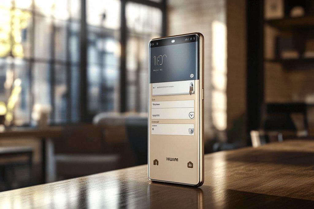 Smartphone or moderne avec écran d'accueil dans un intérieur lumineux