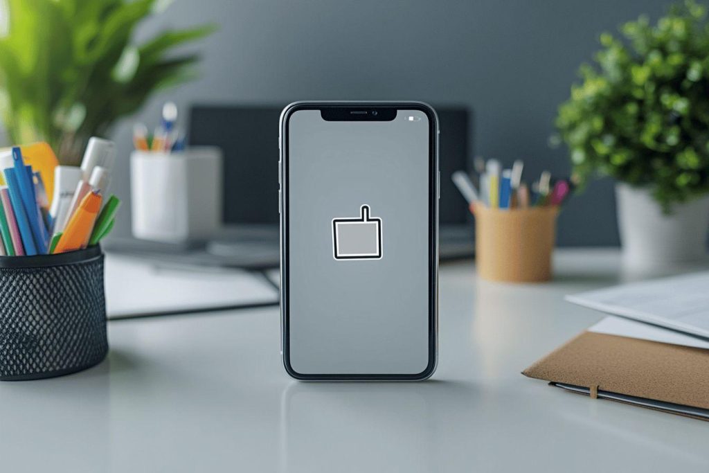 Écran de téléphone avec icône minimaliste sur espace de travail