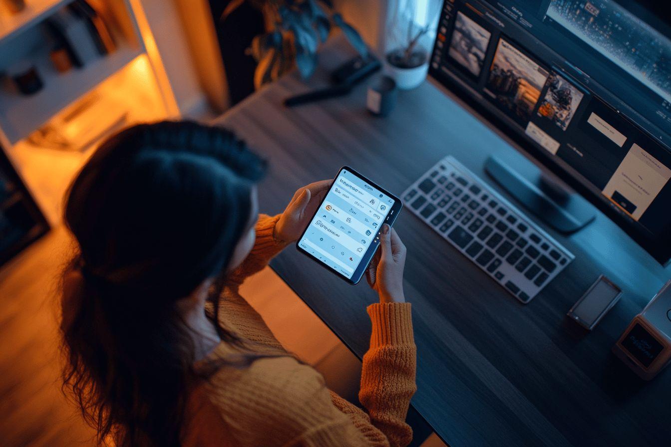Écran d'ordinateur et smartphone, ambiance de travail moderne
