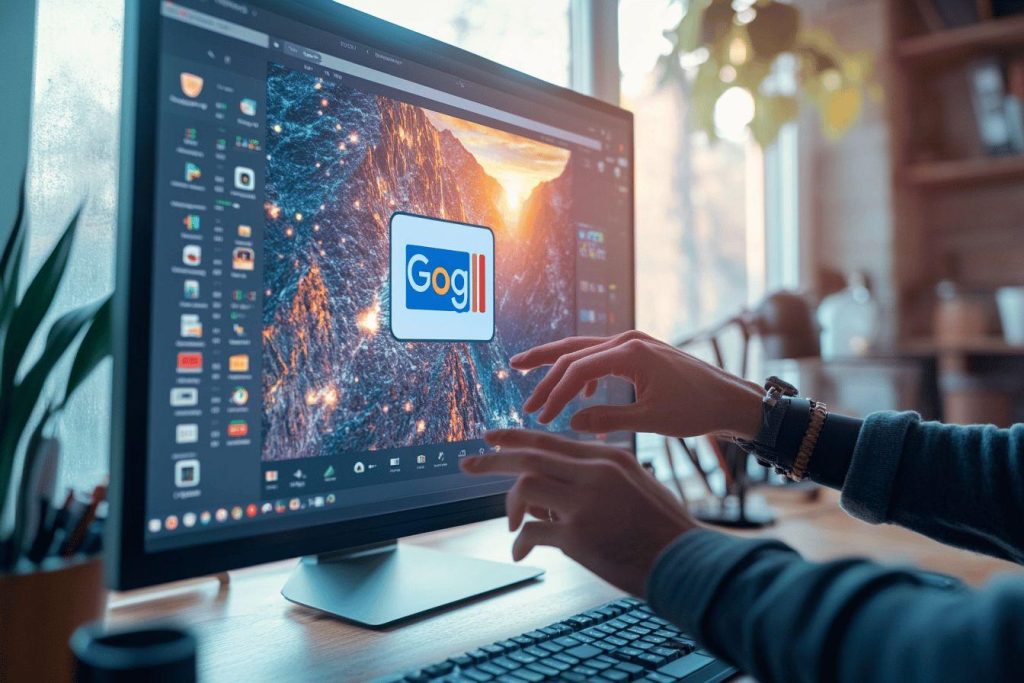 Mains sur clavier, écran Google avec fond cosmique