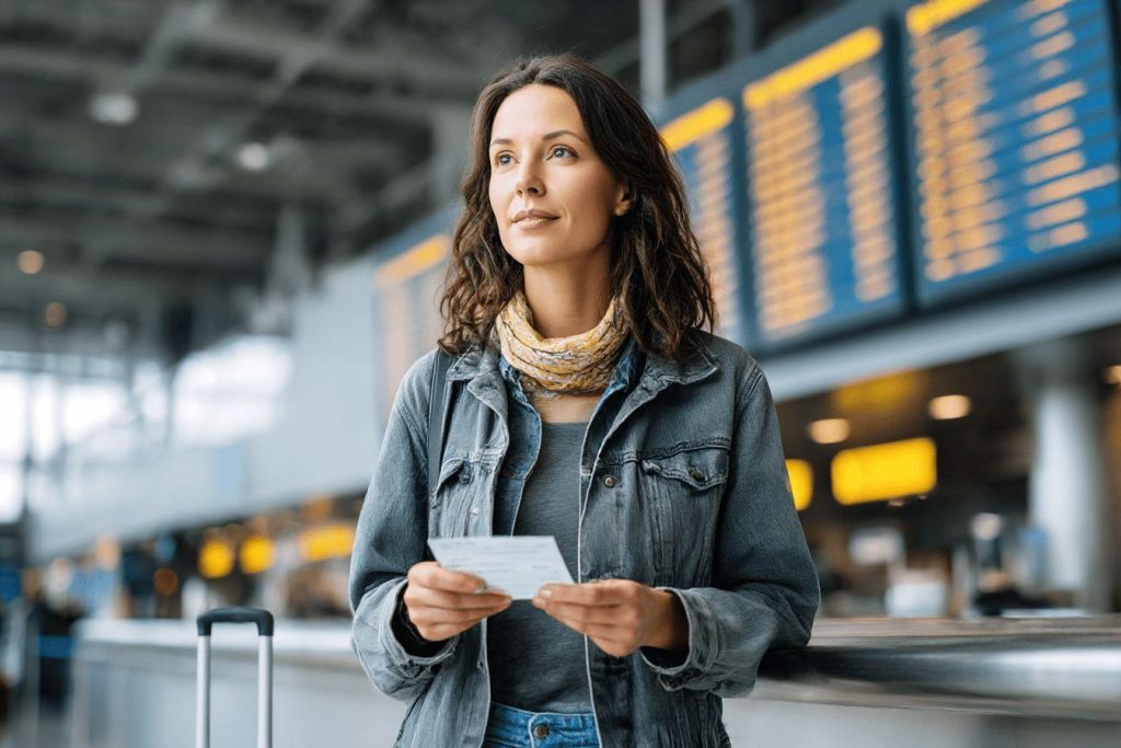 Femme avec billet dans un aéroport, regardant les tableaux d'affichage