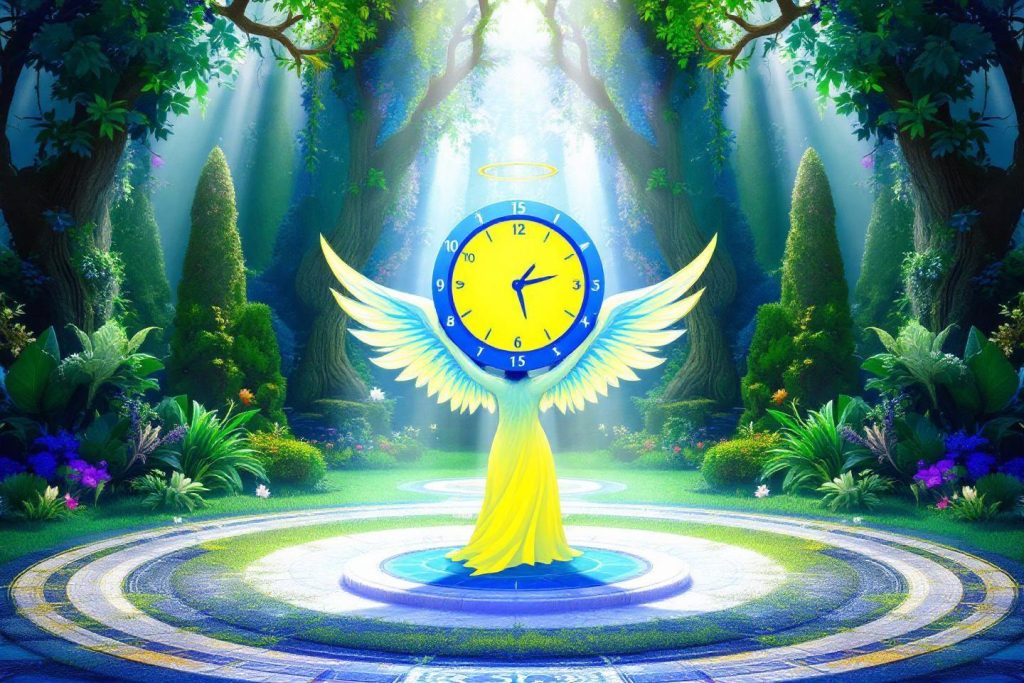 Ange lumineux ailé avec horloge dans une forêt fantastique