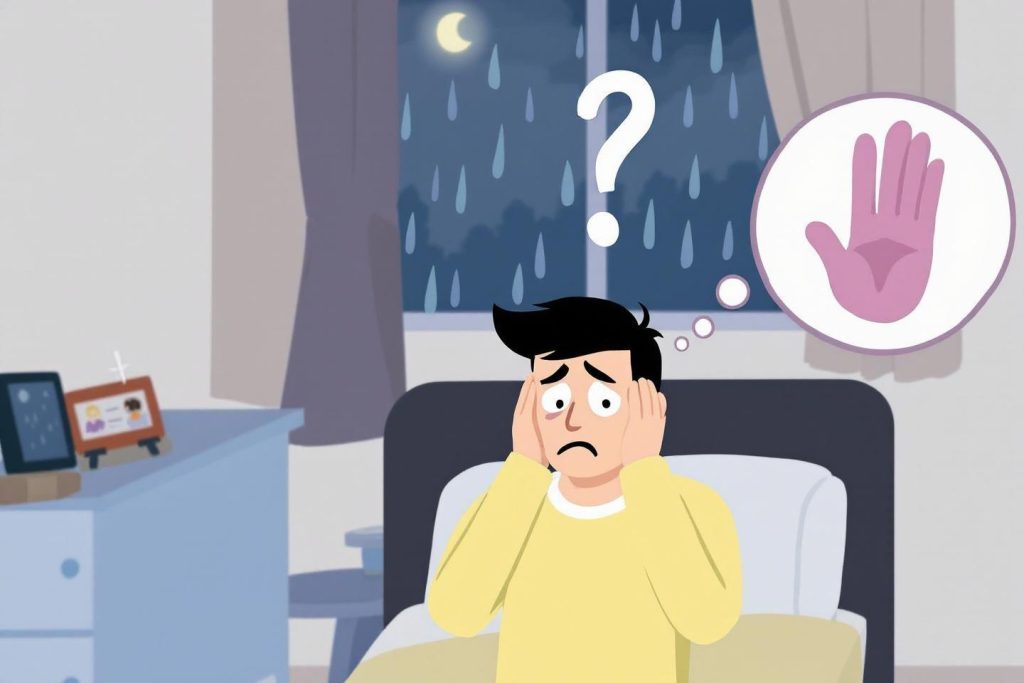 Personnage inquiet pensant à main levée durant nuit pluvieuse