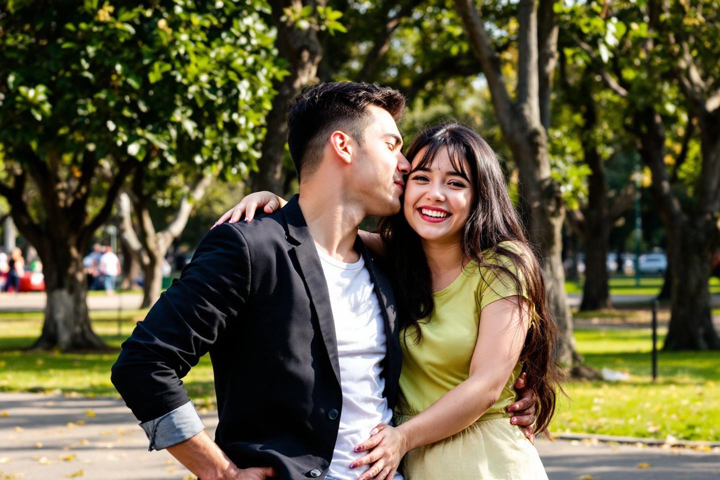 Couple amoureux s'embrassant dans un environnement arboré verdoyant