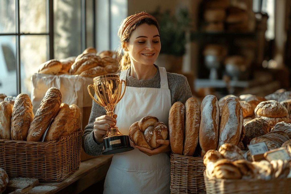 Boulanger souriant tenant un trophée entouré de pains