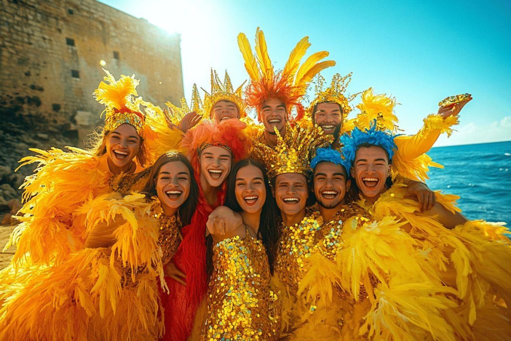 Groupe souriant en plumes jaunes et couronnes dorées près de la mer
