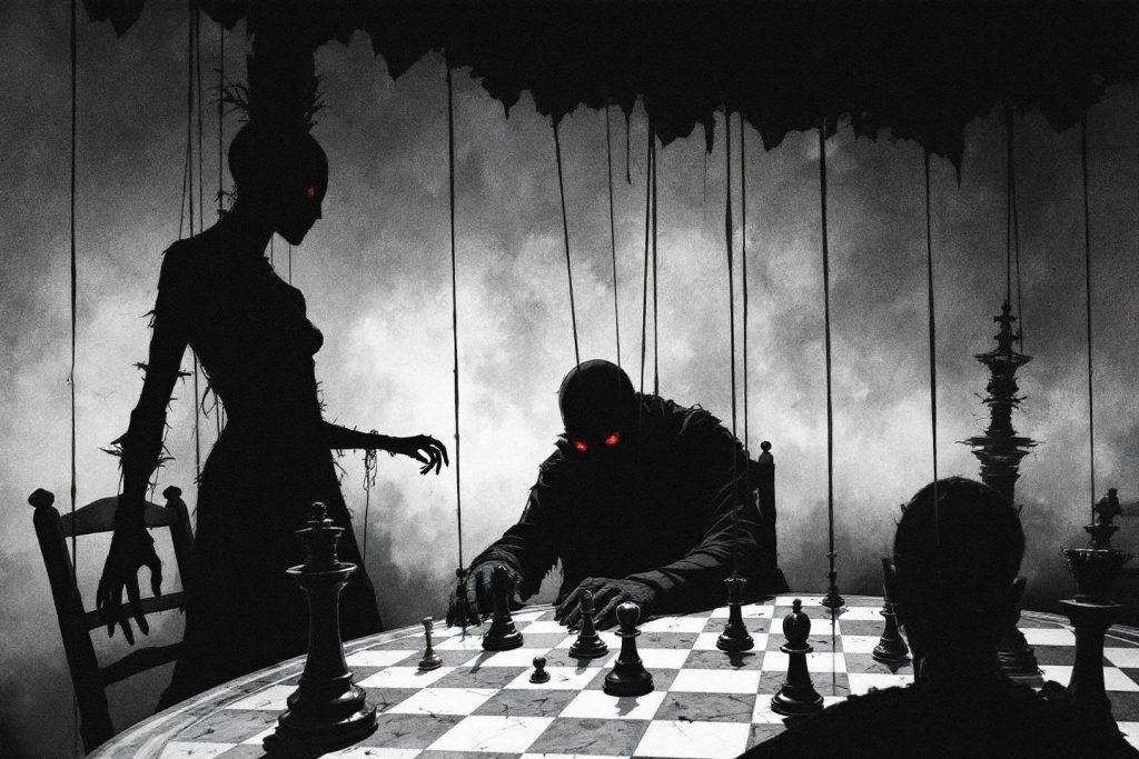 Silhouettes spectrales jouant aux échecs dans un environnement mystérieux