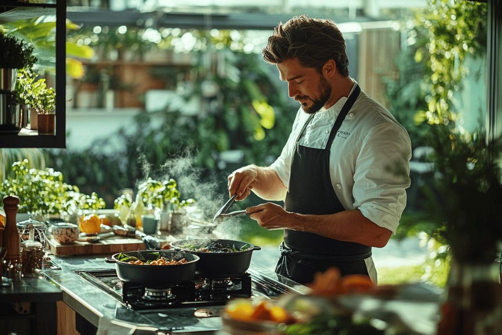 Chef professionnel préparant un plat dans une cuisine lumineuse et végétale